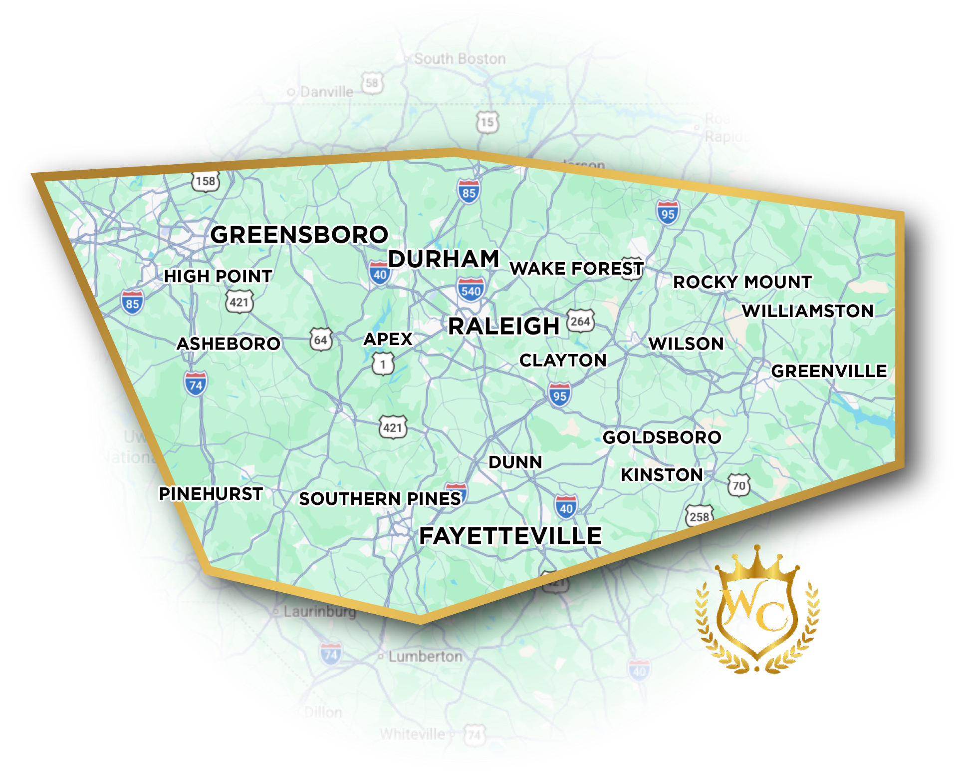Wealth & Capital Consulting service area map across North Carolina